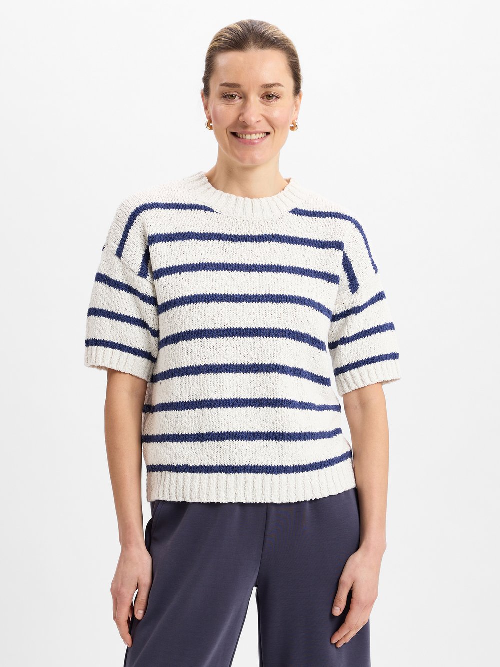 Franco Callegari Collection Kurzarm-Strickpullover Damen Baumwolle weiß gestreift, M