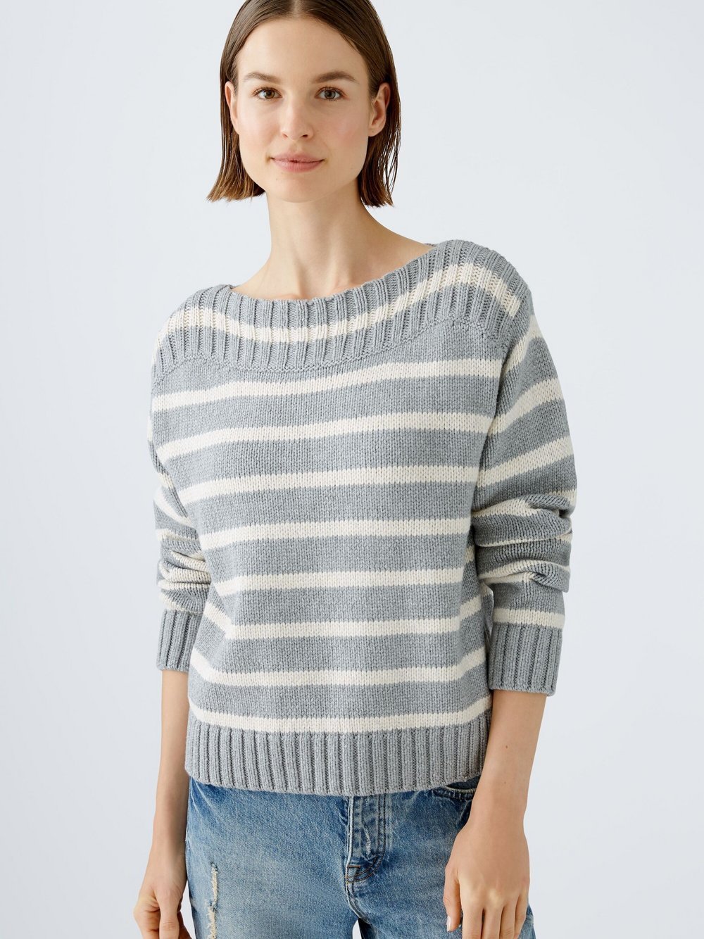 Oui Pullover Damen Viskose grau gestreift, 42