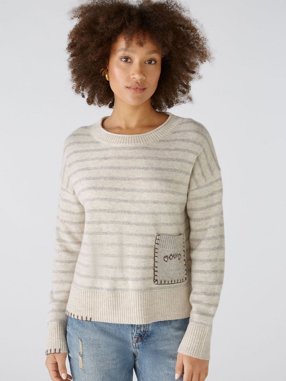 Oui Pullover Damen Polyamid beige gestreift, 38