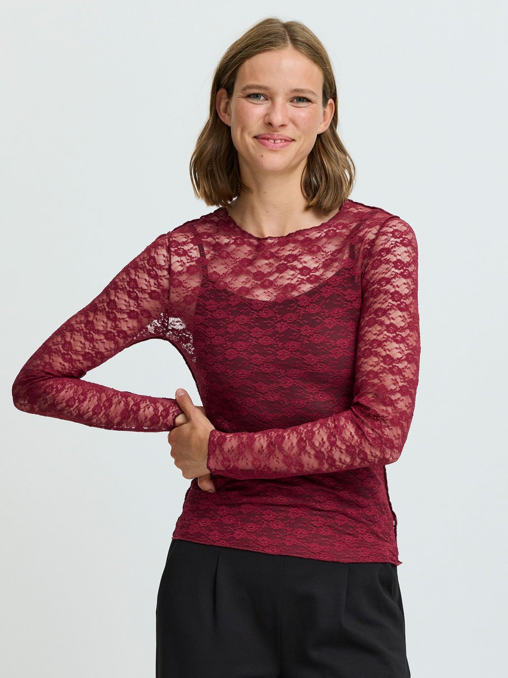 B.Young Longsleeve Damen rot gemustert, L