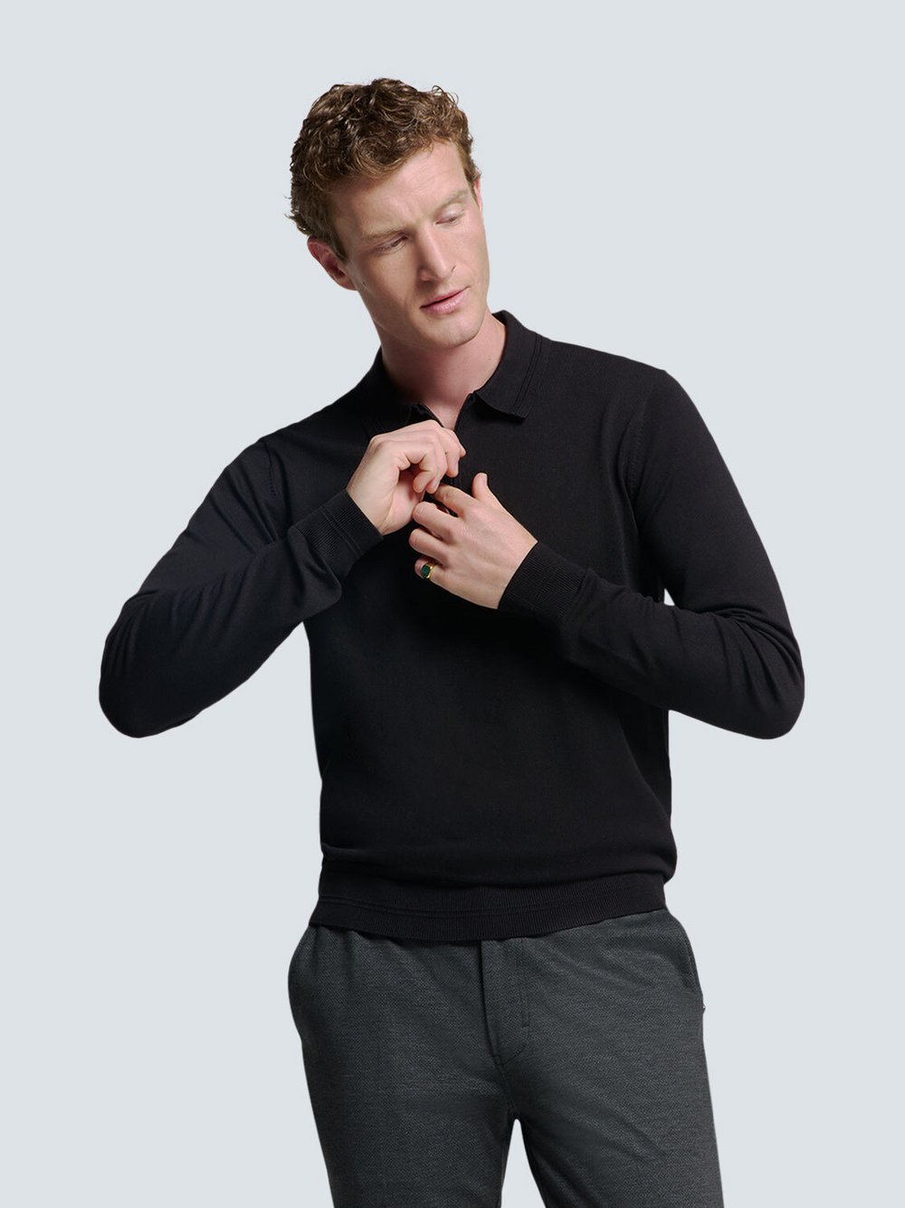 No Excess Polo-Pullover mit halbem Reißverschluss Herren Viskose schwarz, S