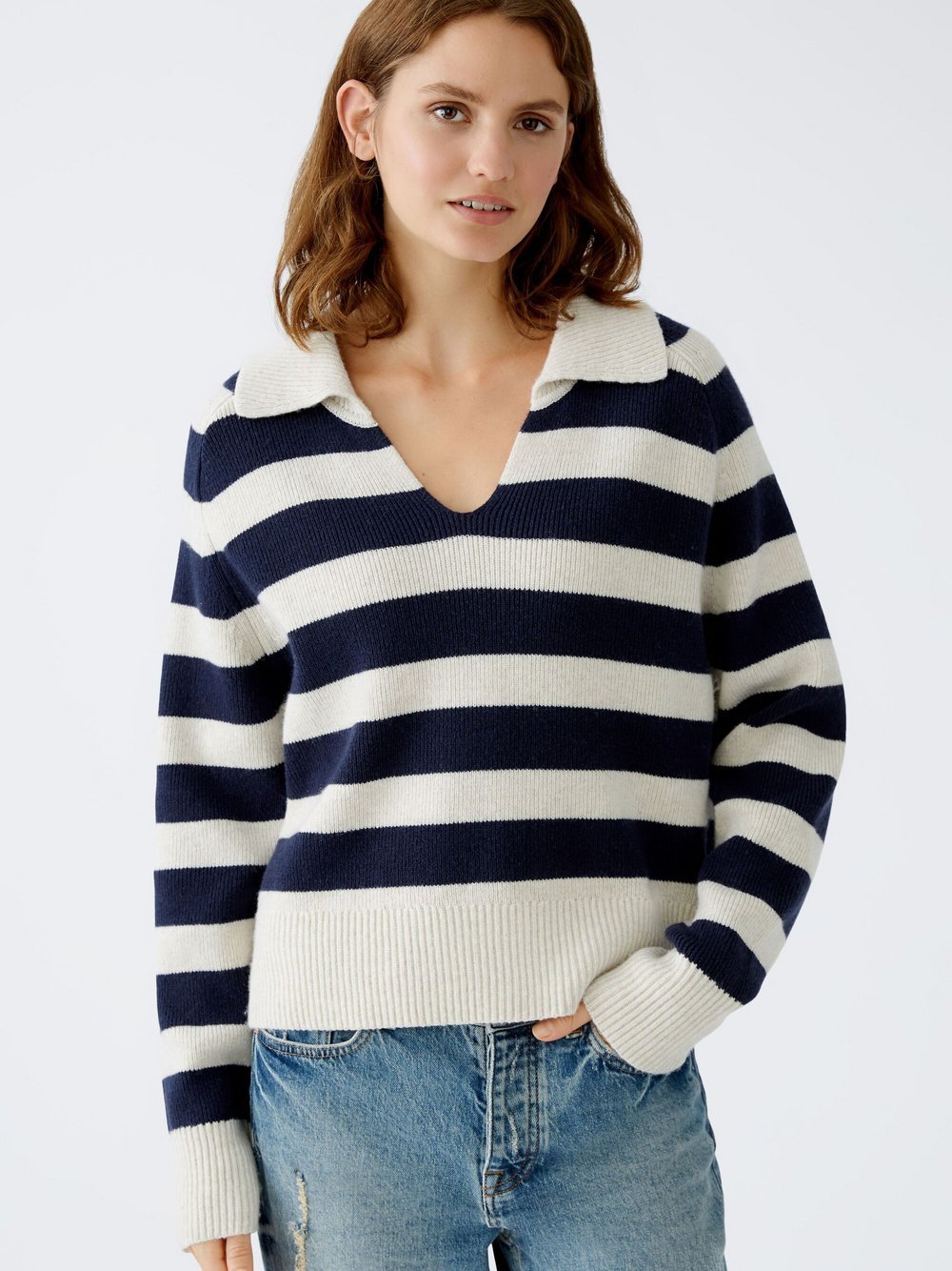 Oui Pullover Damen Wolle weiß gestreift, 42