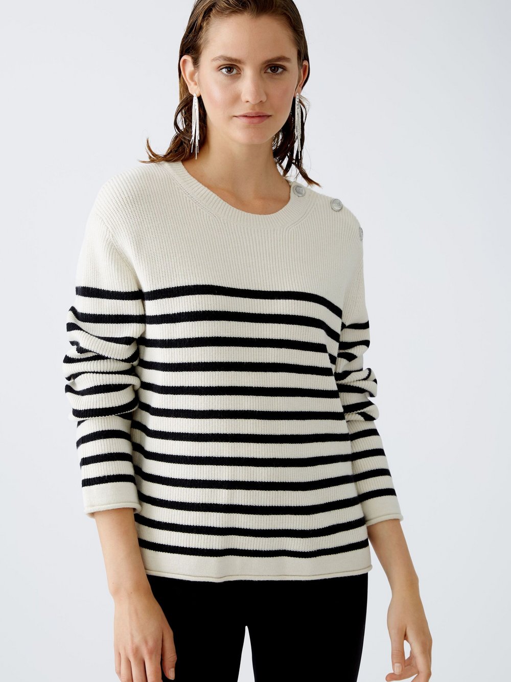 Oui Pullover Damen Viskose weiß gestreift, 40