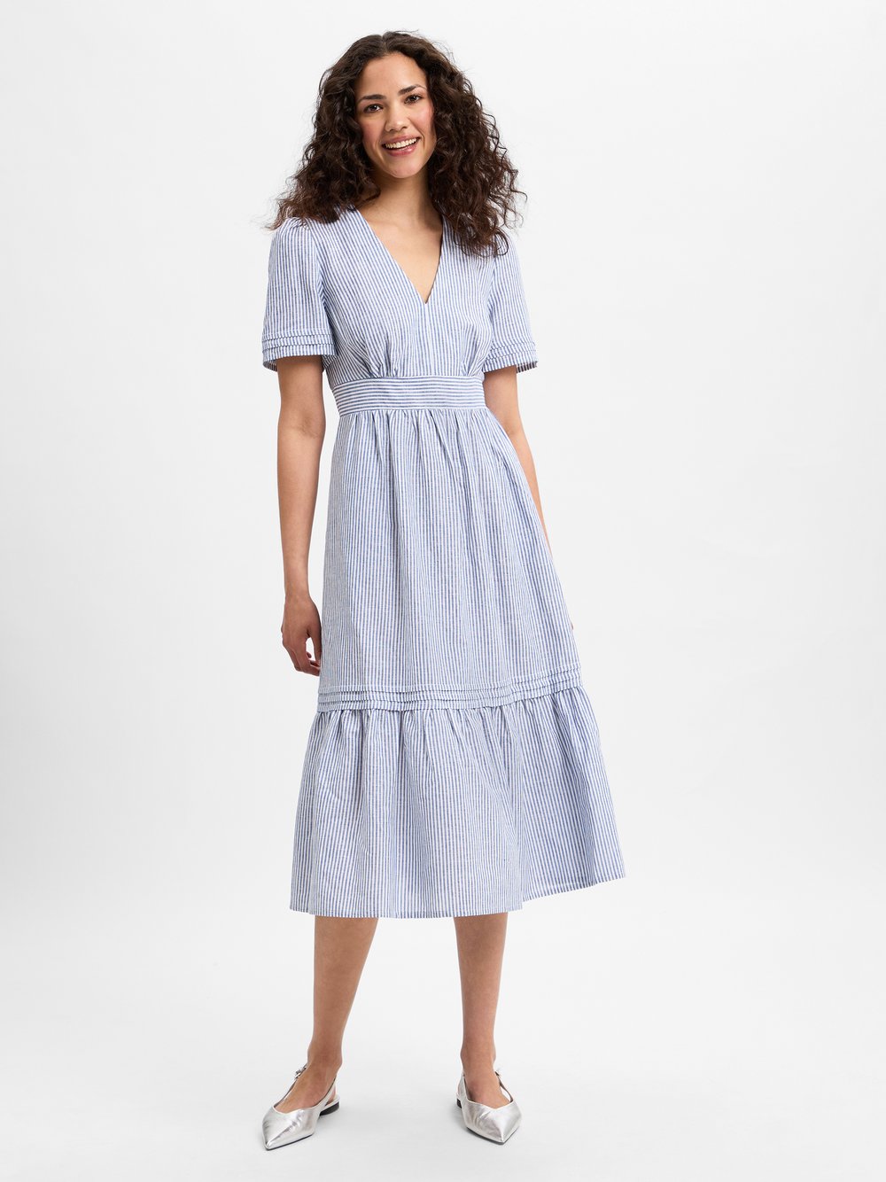 Ambiance Sommerkleid mit Leinen-Anteil Damen blau gestreift, 38