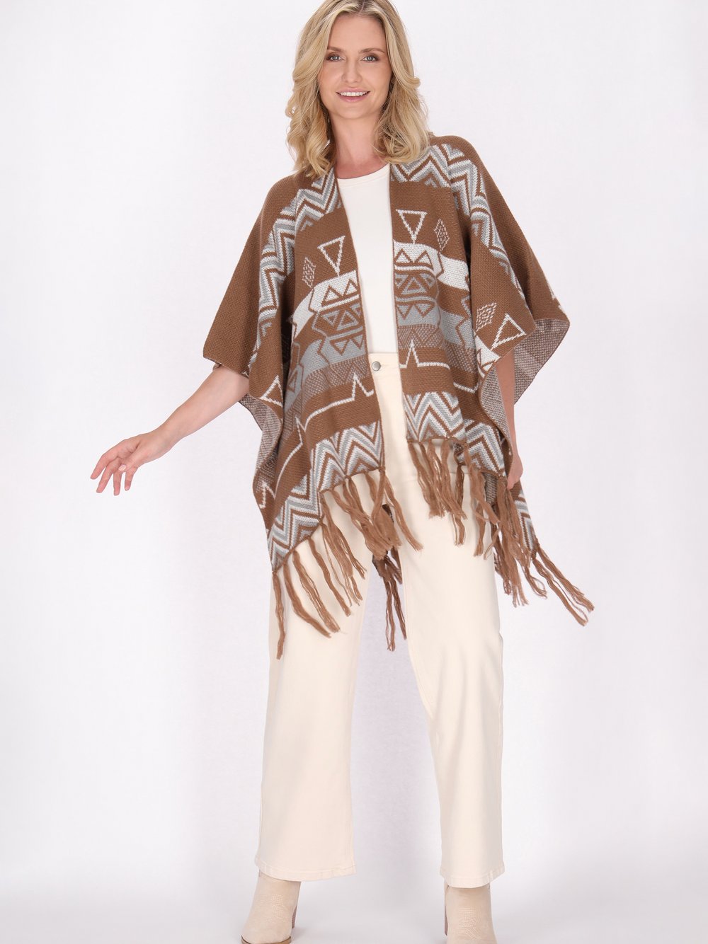 Usha Poncho Damen beige bedruckt, XS/S