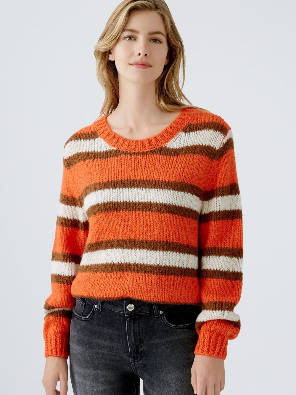 Oui Pullover Damen orange gestreift, 40