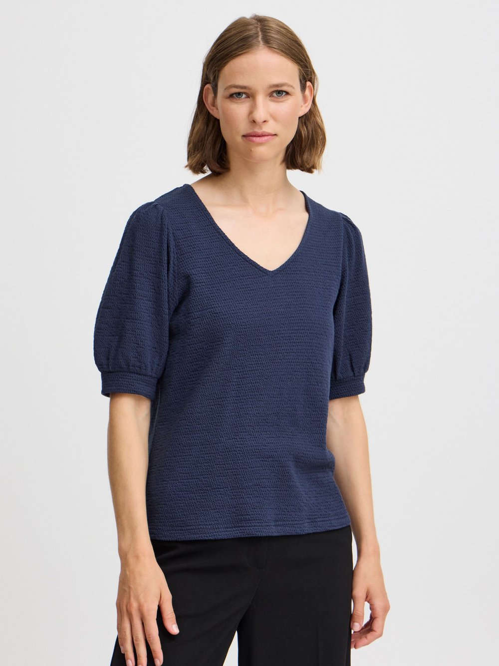 B.Young Kurzarmbluse Damen Baumwolle blau strukturiert, XL