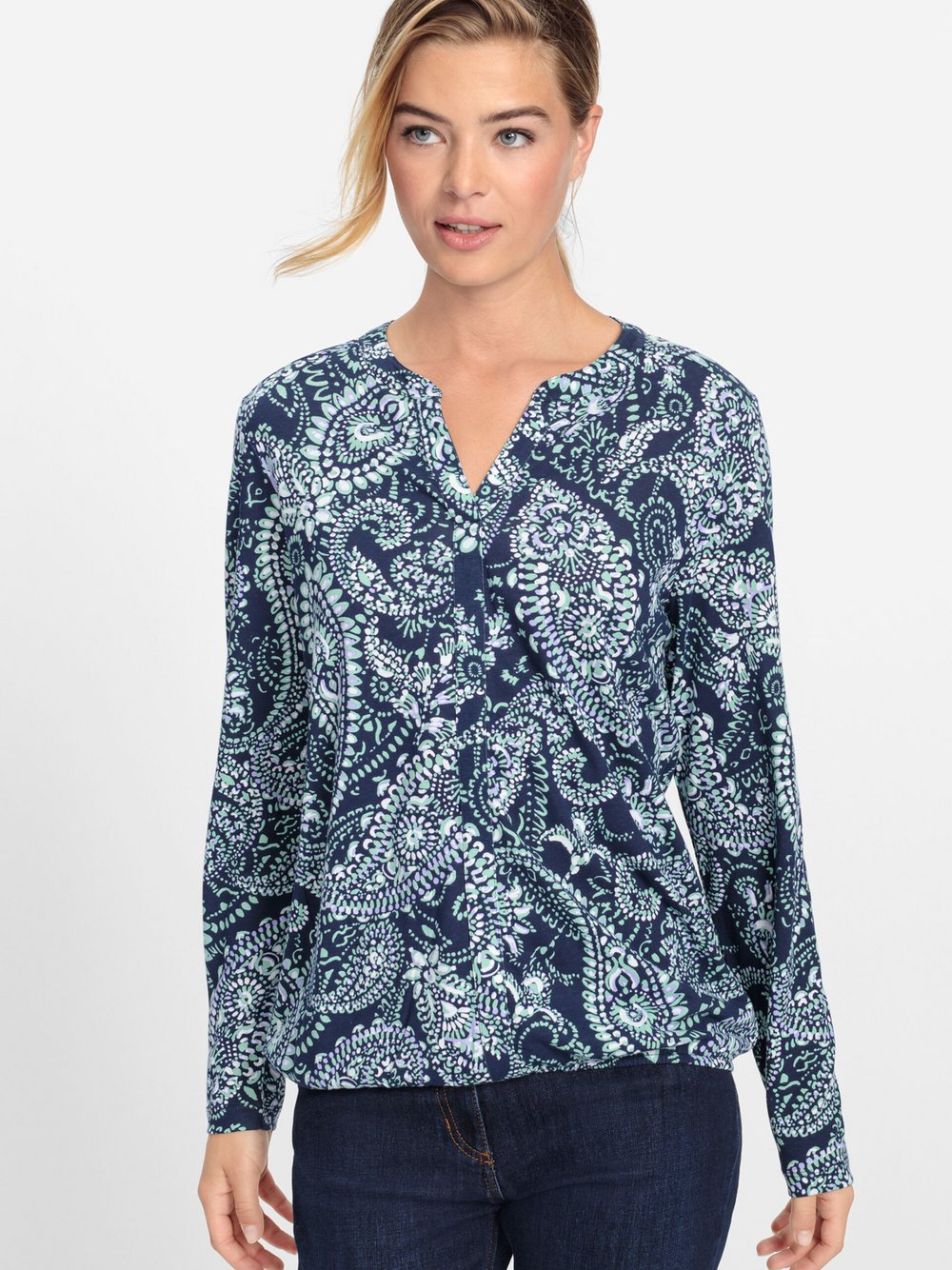 Olsen Langarmshirt Damen Baumwolle blau gemustert, 48