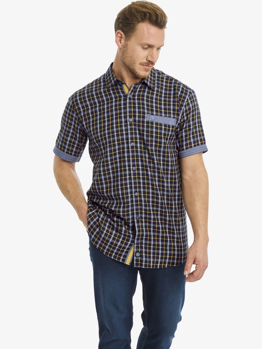 Thumbnail - Jan Vanderstorm Kurzarmhemd Herren Comfort Fit Baumwolle blau kariert, XL