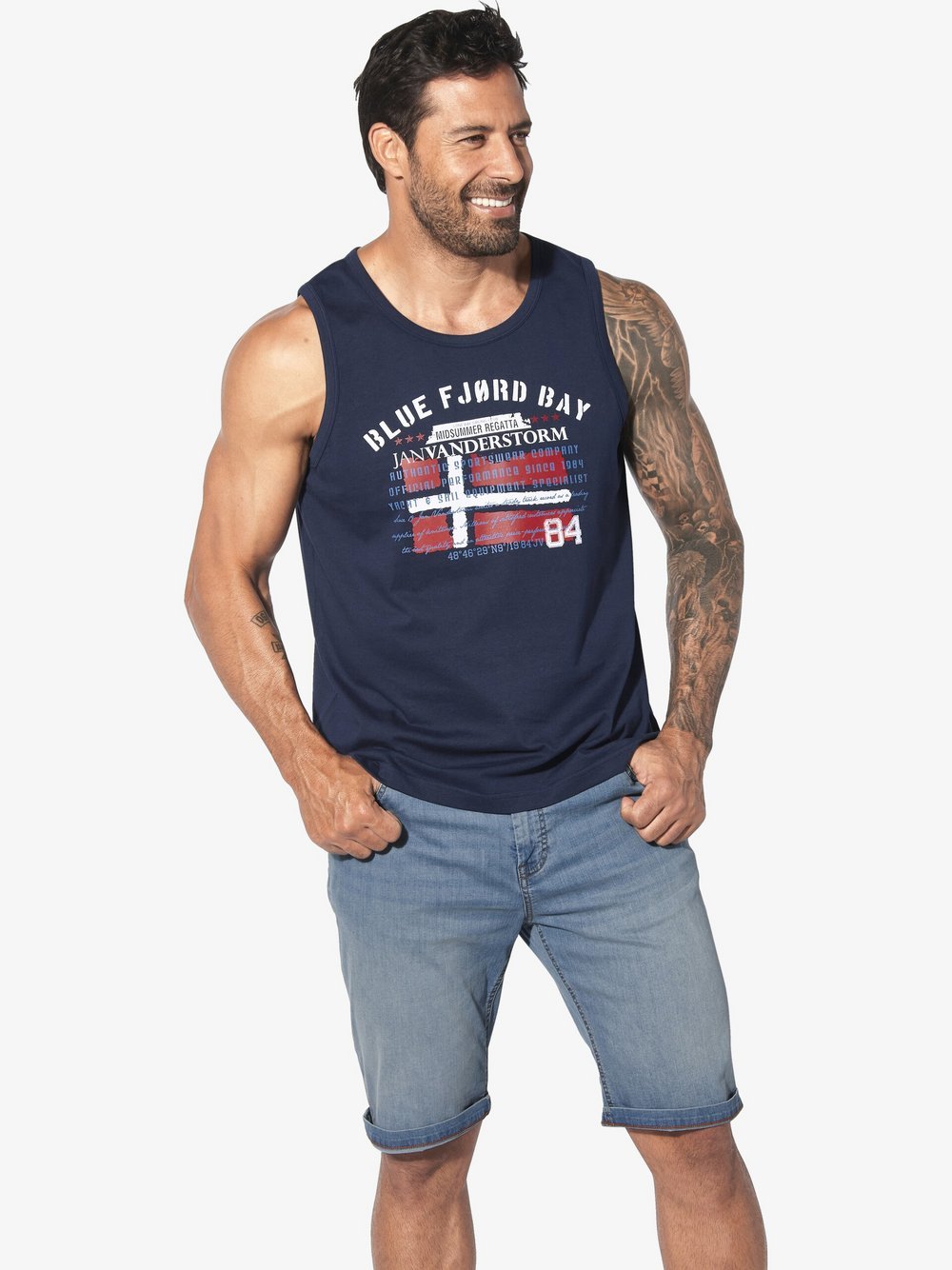 Jan Vanderstorm Tanktop Herren Baumwolle blau bedruckt, XL