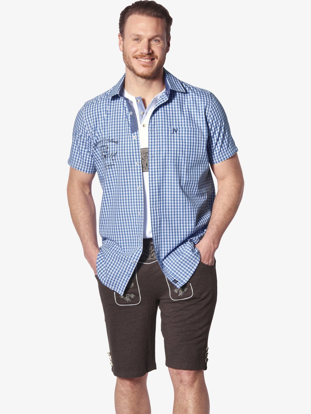 Jan Vanderstorm Kurzarmhemd Herren Comfort Fit Baumwolle blau kariert, XXXXL