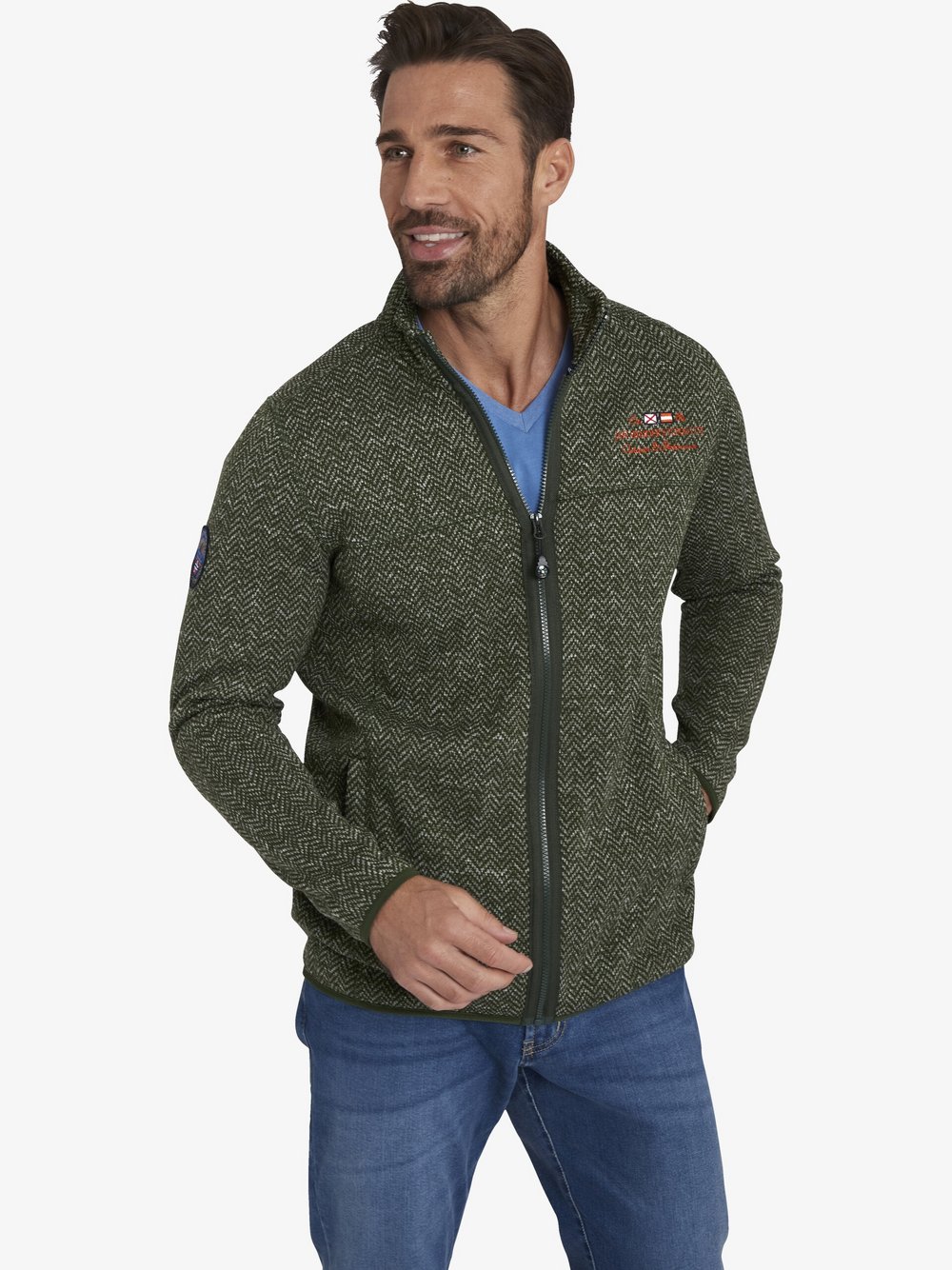 Jan Vanderstorm Strickfleecejacke Herren grün bedruckt, XXXL
