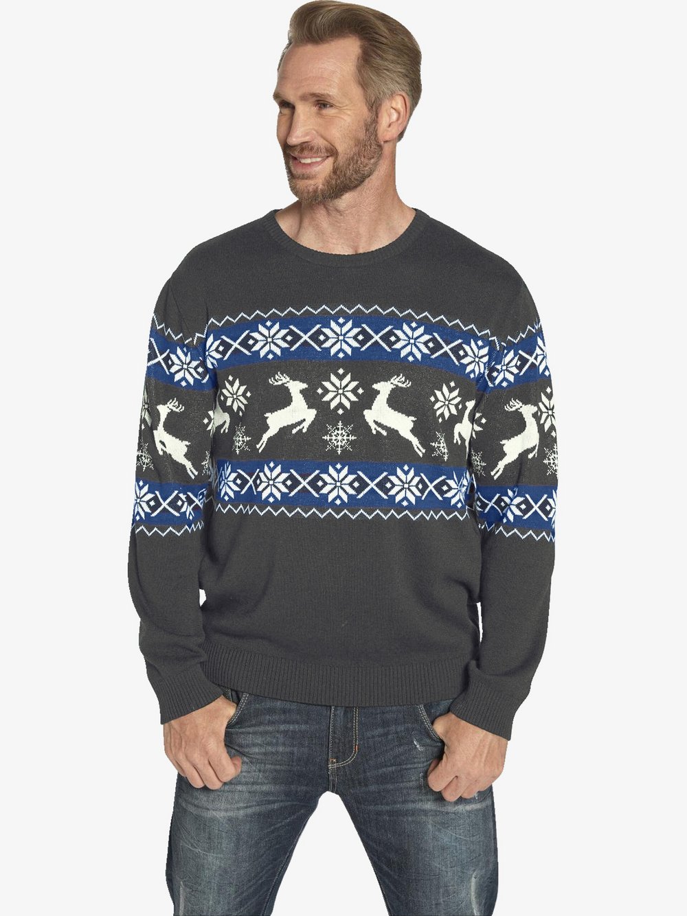 Thumbnail - Jan Vanderstorm Pullover Herren Baumwolle grau bedruckt, XXL