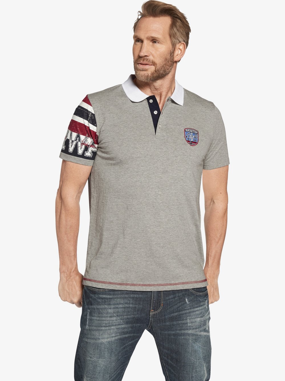 Thumbnail - Jan Vanderstorm Poloshirt Herren Baumwolle grau bedruckt, L