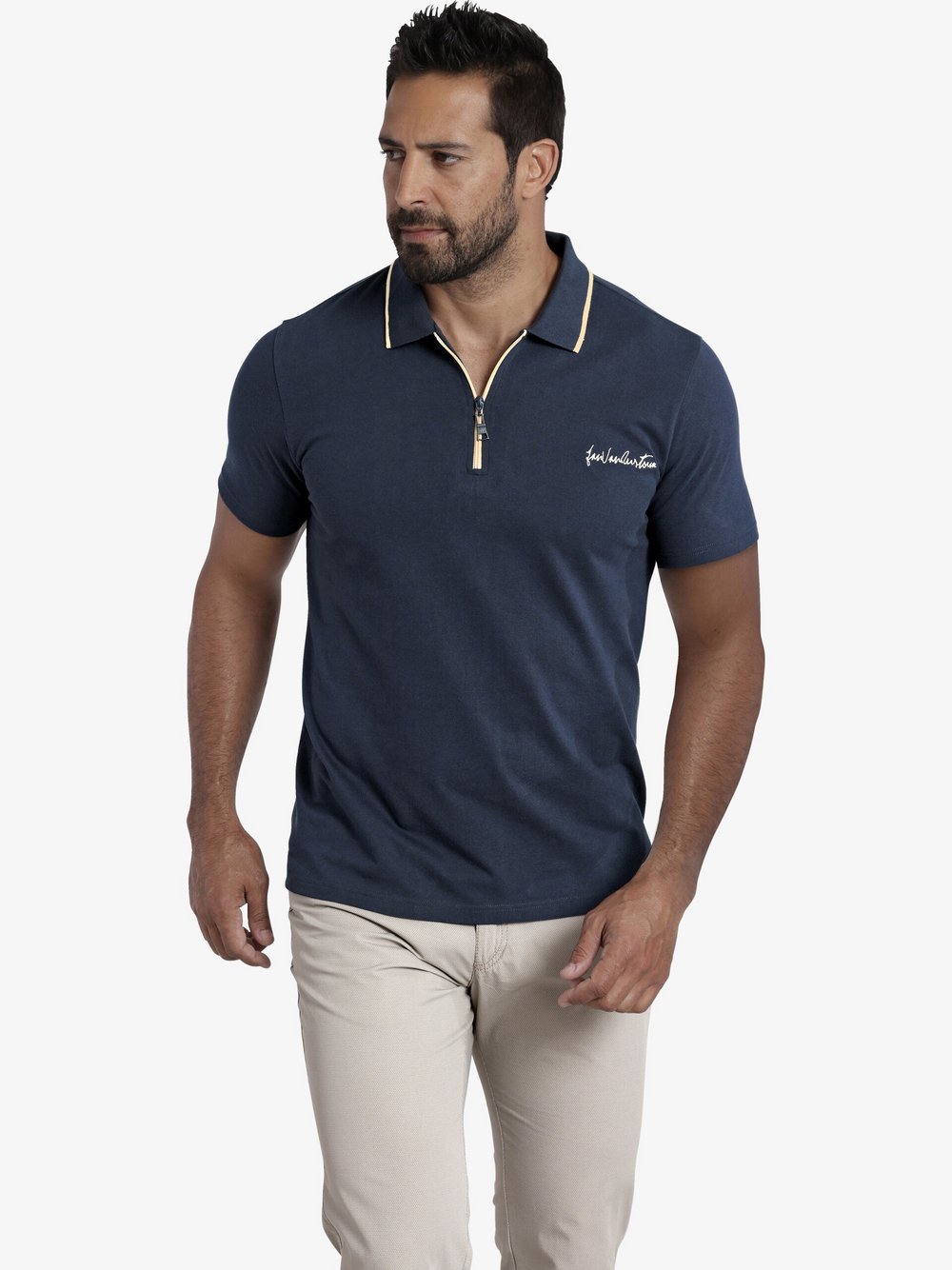 Jan Vanderstorm Poloshirt Herren Baumwolle blau bedruckt, XXL