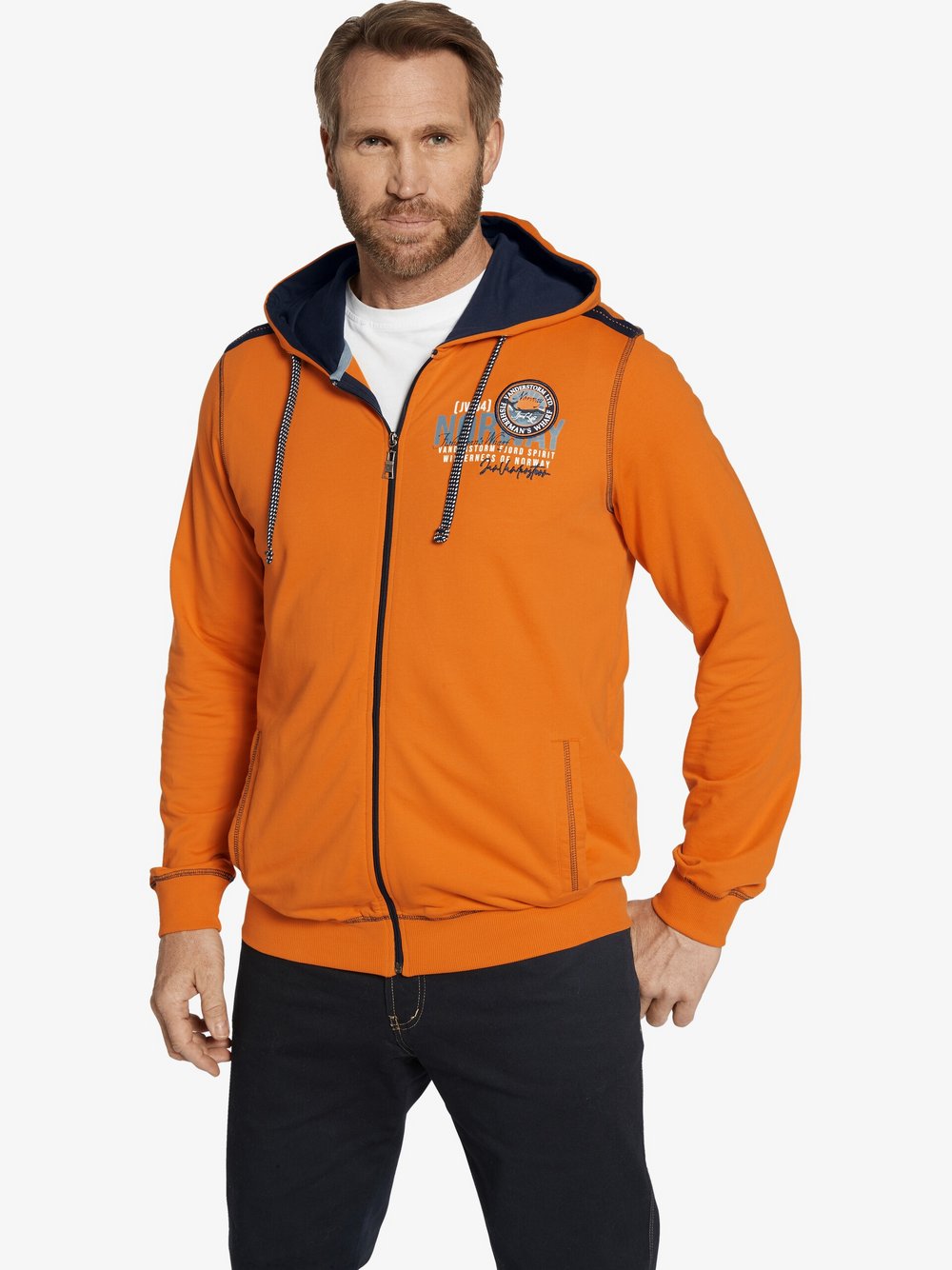 Jan Vanderstorm Sweatjacke Herren Baumwolle orange bedruckt, L