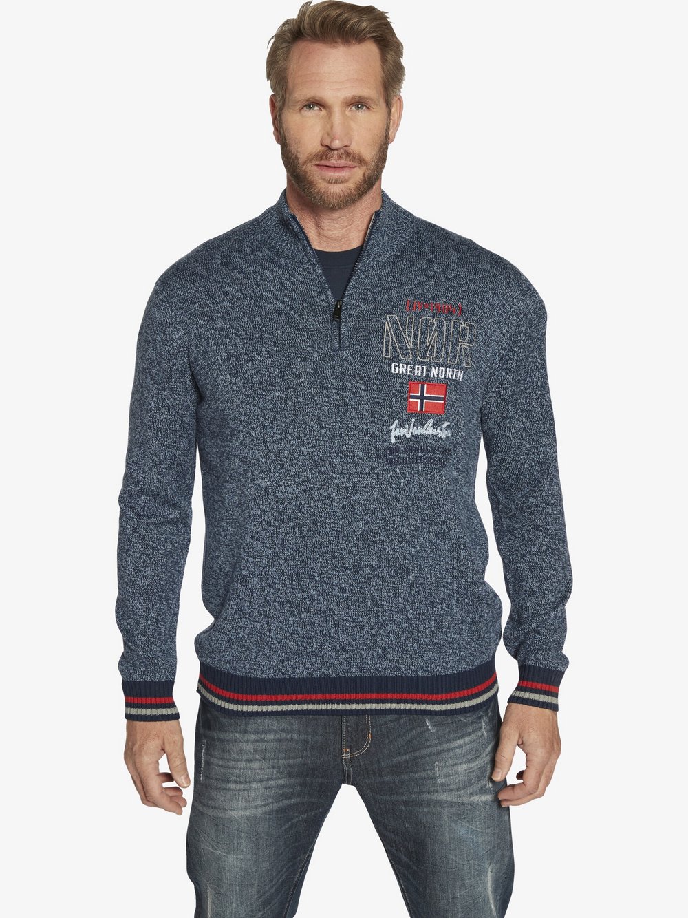 Thumbnail - Jan Vanderstorm Pullover Herren Baumwolle blau bedruckt, L