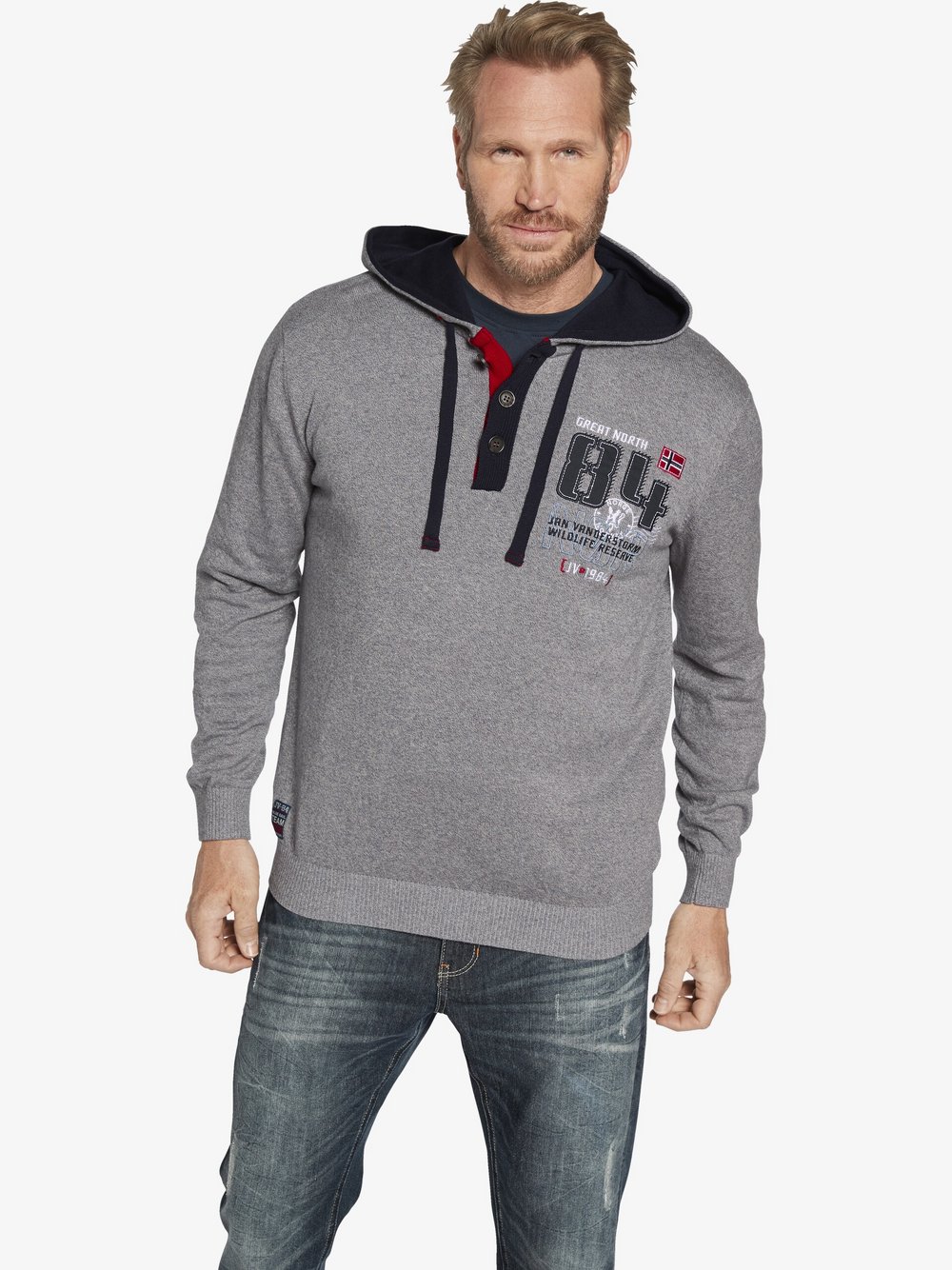 Thumbnail - Jan Vanderstorm Pullover Herren Baumwolle grau bedruckt, L