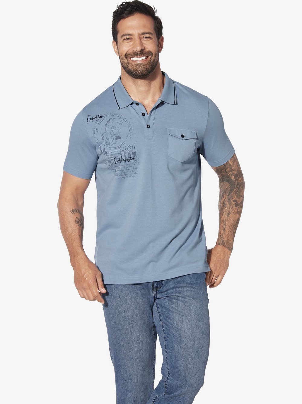 Jan Vanderstorm Poloshirt Herren Baumwolle blau bedruckt, XXXXL