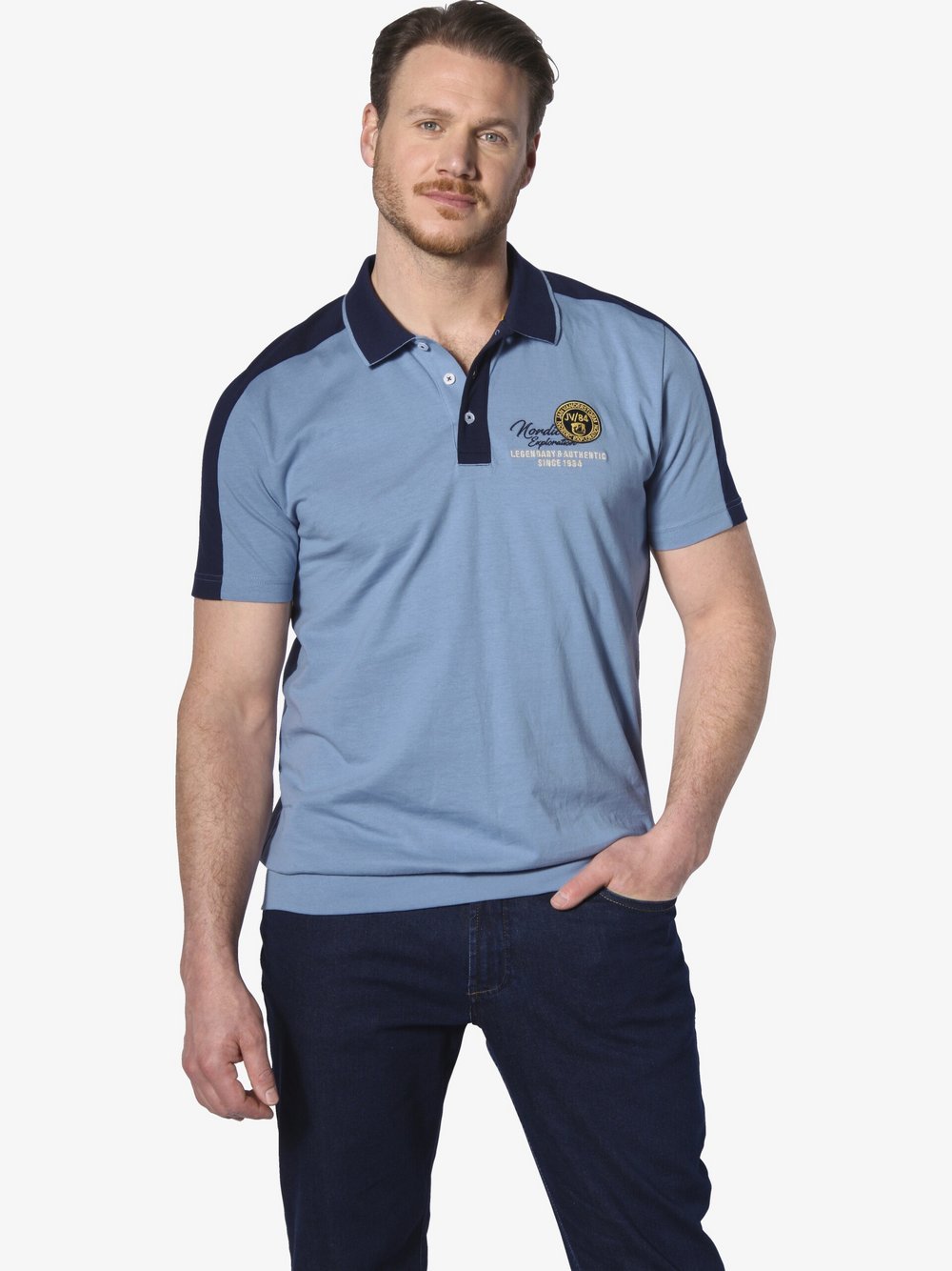 Jan Vanderstorm Poloshirt Herren Baumwolle blau bedruckt, L