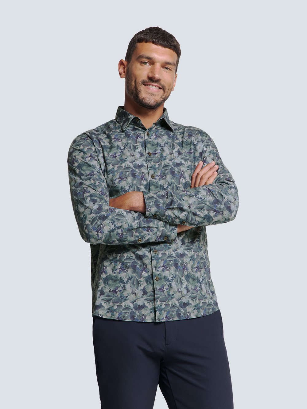 Thumbnail - No Excess Stretch-Hemd Herren Regular Fit Baumwolle blau gemustert, L