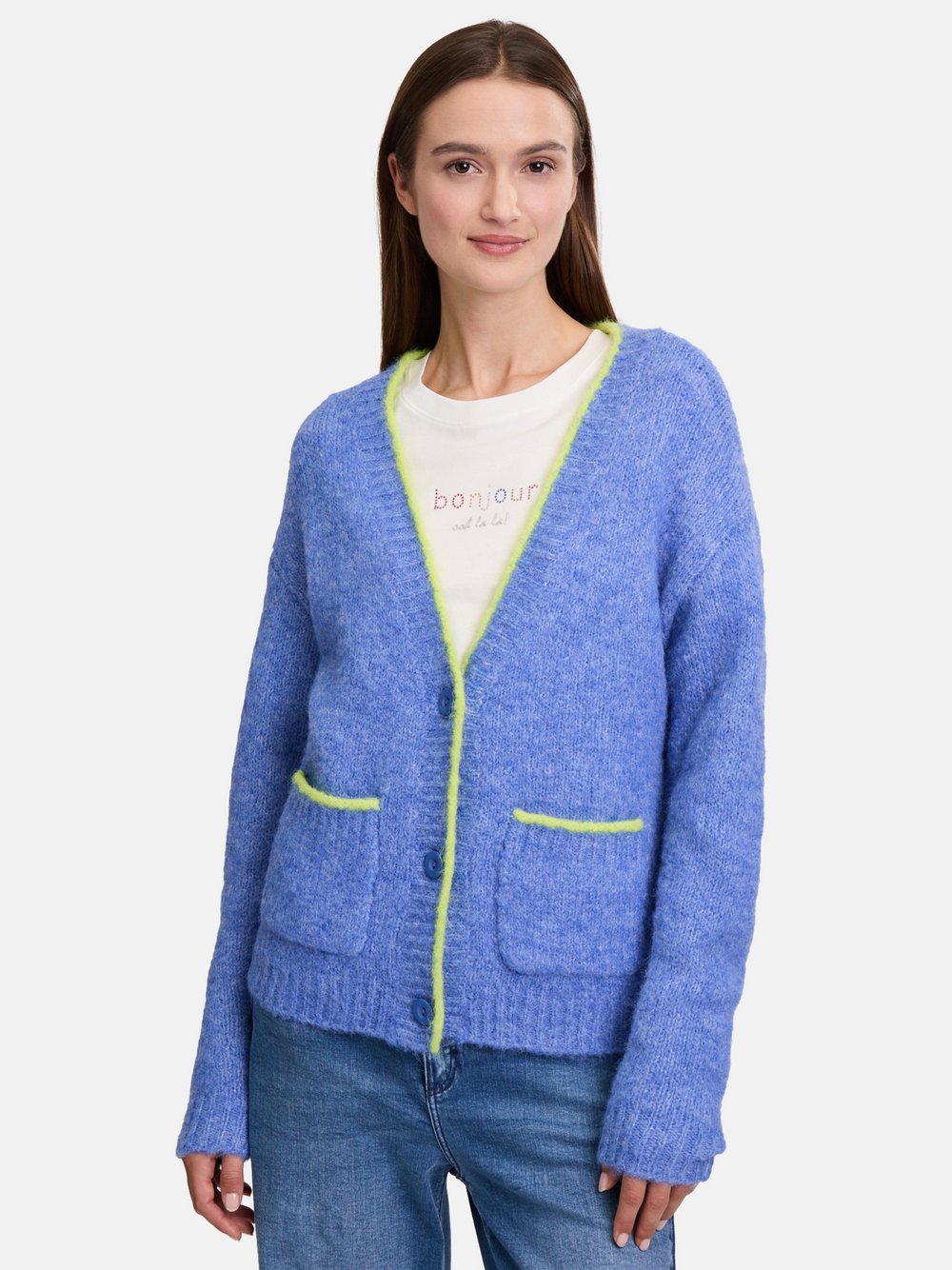 Cartoon Strick-Cardigan Damen blau gemustert, 44