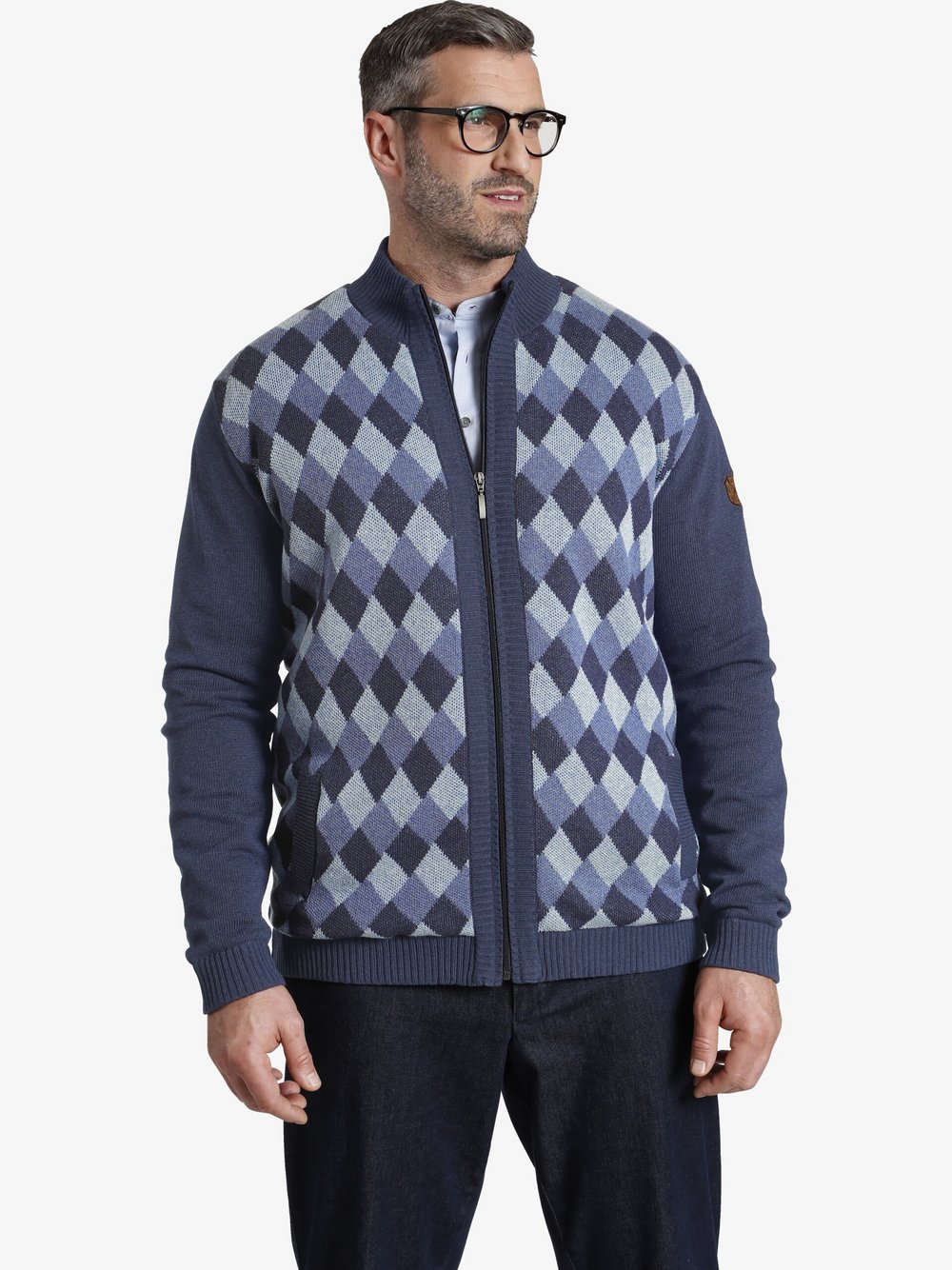 Charles Colby Outdoor Strickjacke Herren Baumwolle blau gemustert, XXL