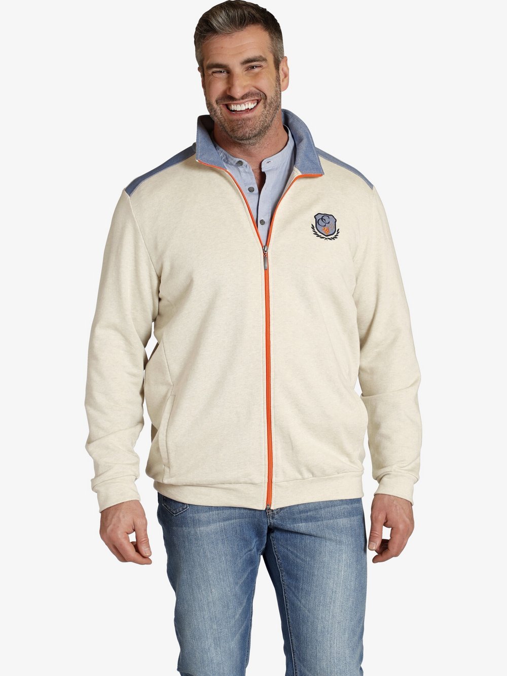 Charles Colby Sweatjacke Herren Baumwolle beige bedruckt, XXXXL