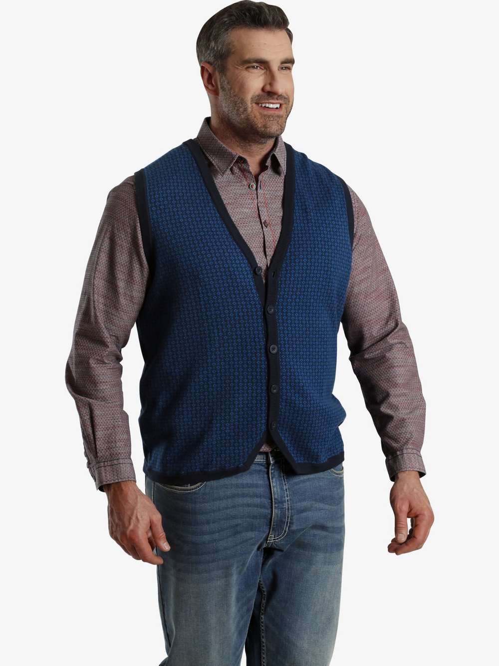 Charles Colby Strickweste Herren Baumwolle blau gemustert, XXXL