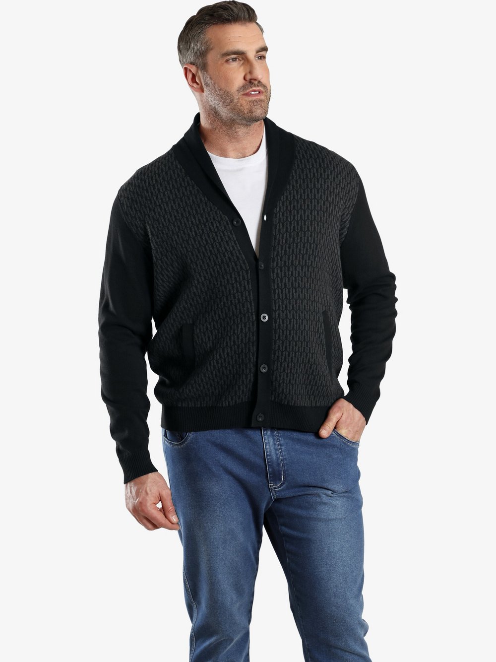 Charles Colby Strickjacke Herren Baumwolle schwarz bedruckt, XXL