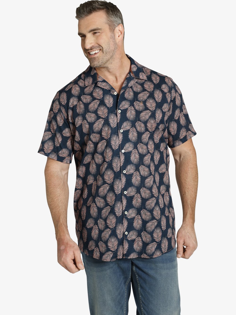 Charles Colby Kurzarmhemd Herren Comfort Fit Baumwolle blau bedruckt, XXL