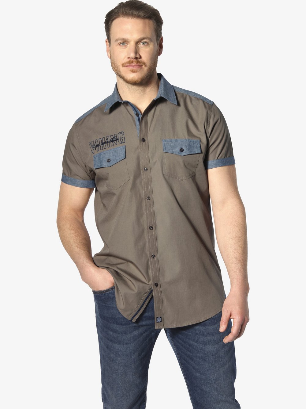 Jan Vanderstorm Kurzarmhemd Herren Comfort Fit Baumwolle beige, XL