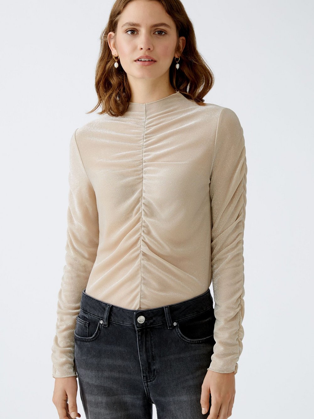 Oui Langarmshirt Damen Polyamid beige, 40