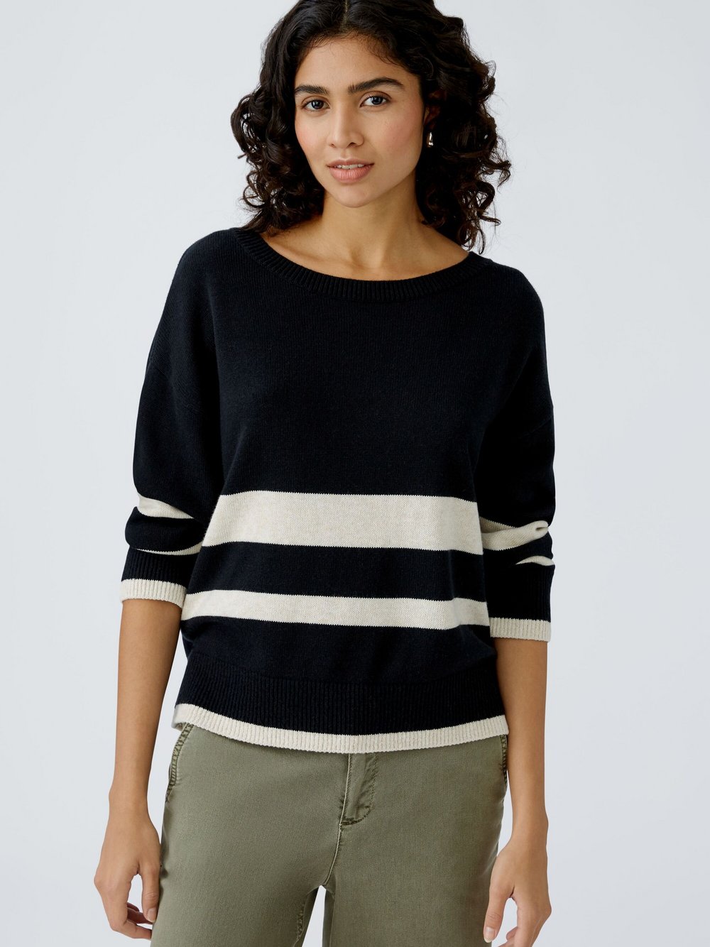 Oui Pullover Damen Polyamid schwarz gestreift, 34