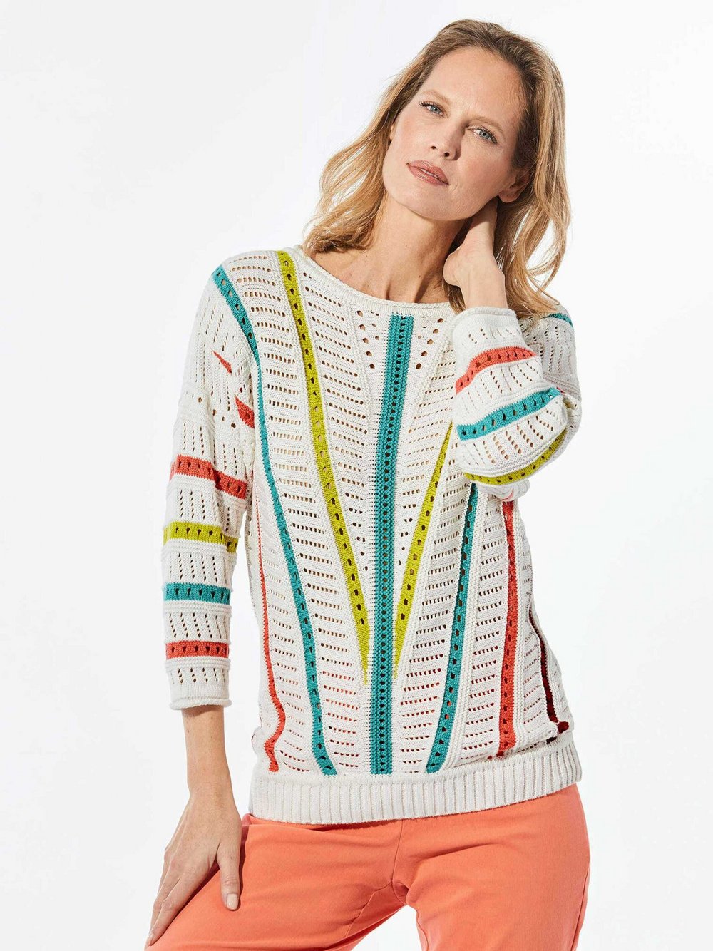 Thumbnail - Goldner Pullover Damen Baumwolle weiß gemustert, 23