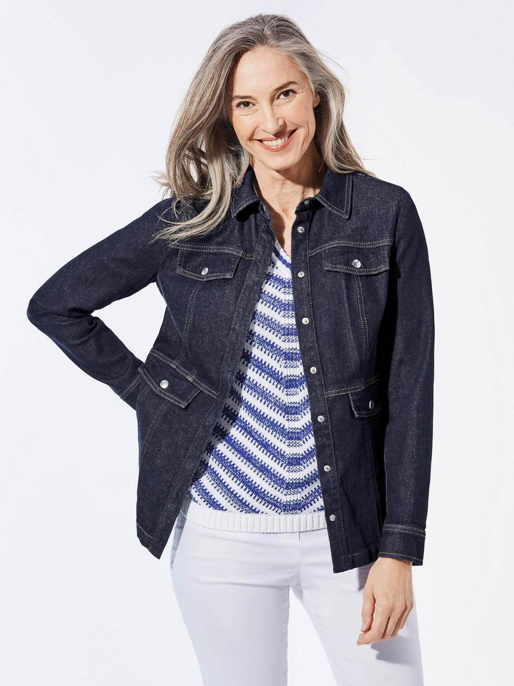 Thumbnail - Goldner Jeansjacke Damen Baumwolle blau, 44