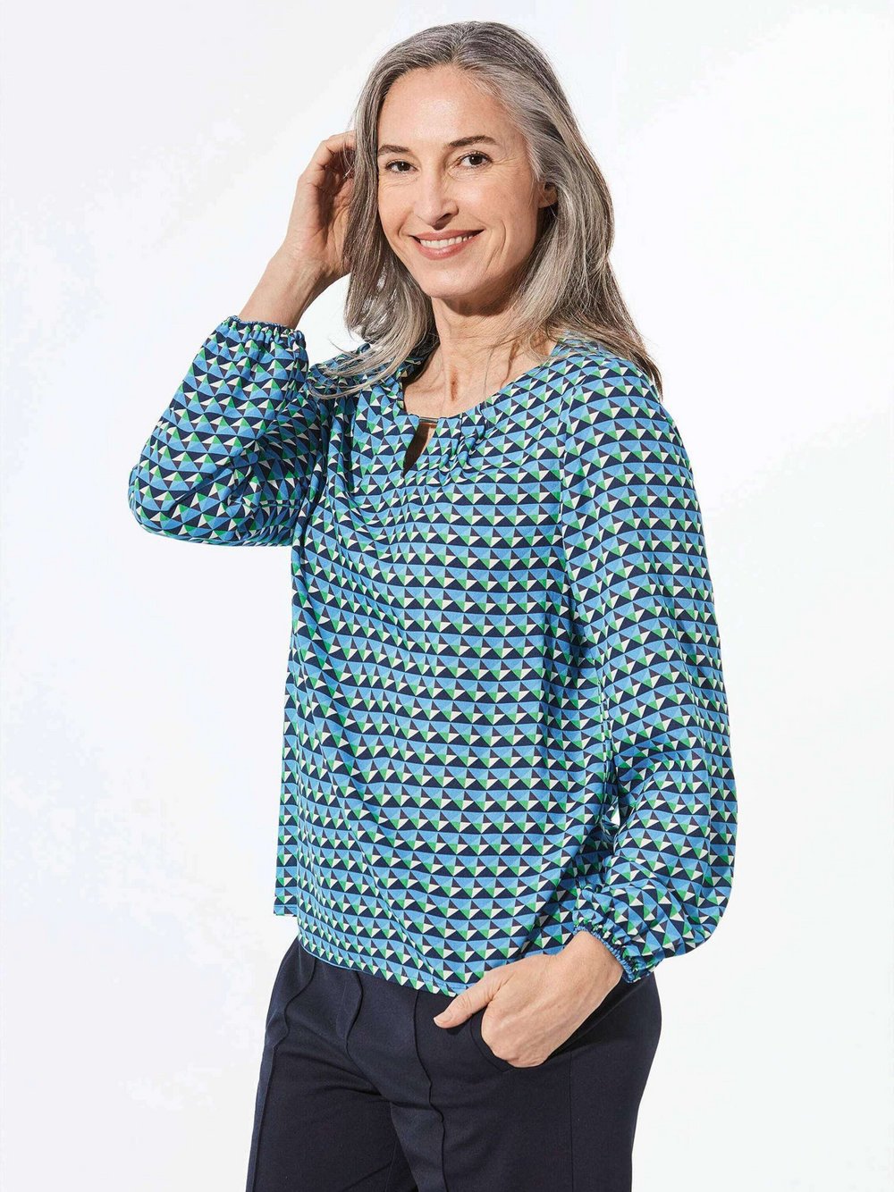 Goldner Druckbluse Damen Viskose blau gemustert, 40