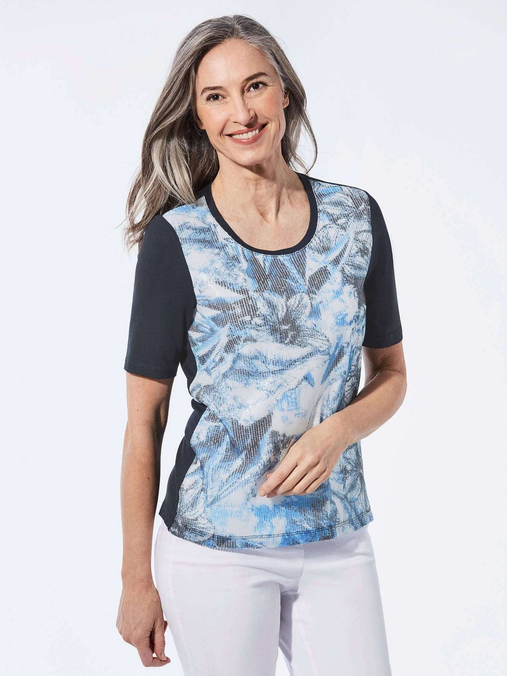 Thumbnail - Goldner Shirt Damen Viskose blau gemustert, 38