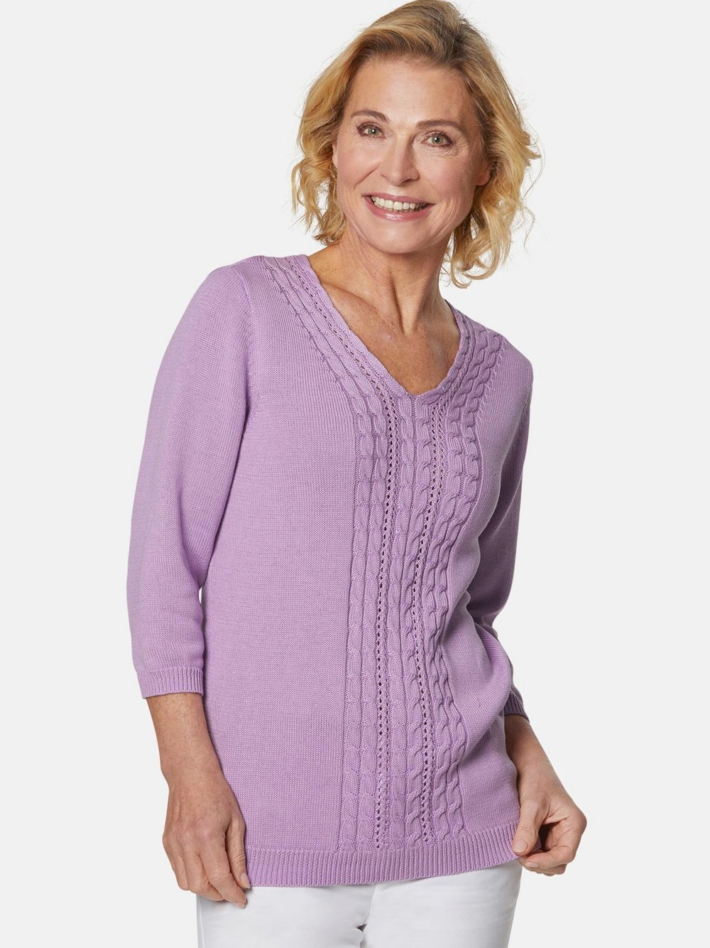 Goldner Kurzgröße: Superweicher V-Pullover, Leichtstrick Damen Baumwolle lila, 21