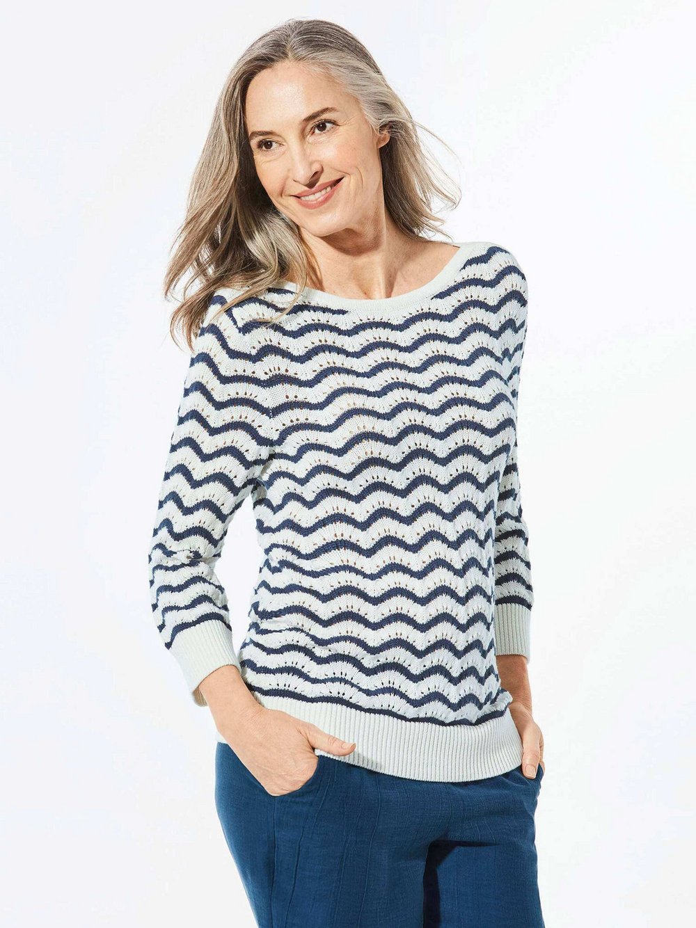 Goldner Strickpullover Damen Baumwolle weiß gemustert, 44