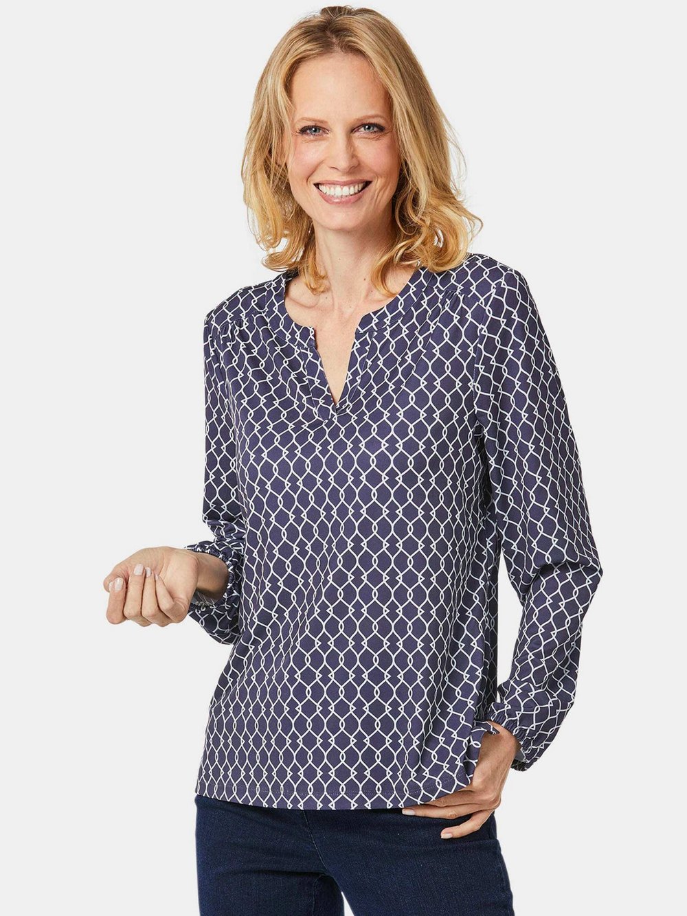 Goldner Jerseybluse Damen blau bedruckt, 38