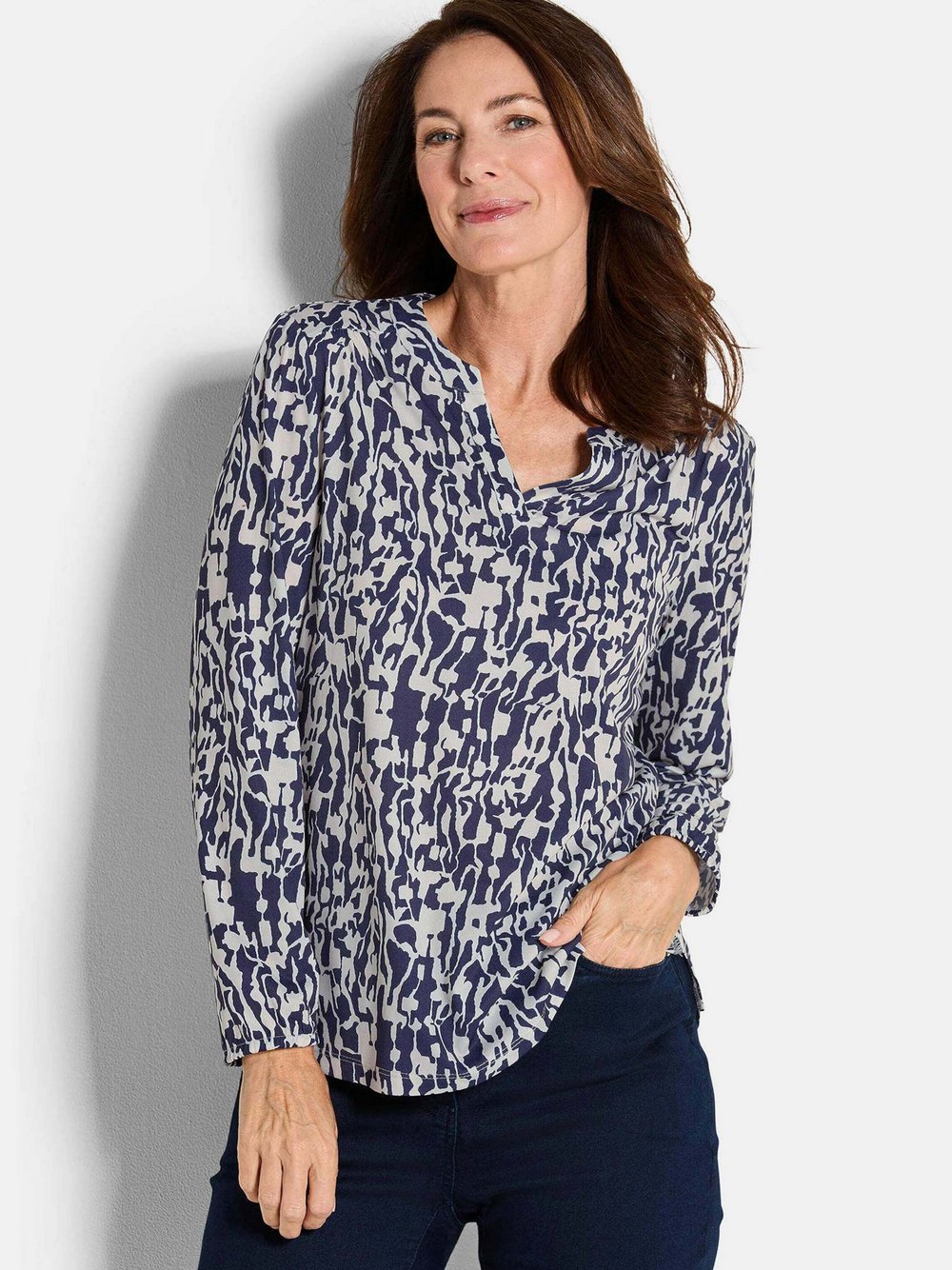 Goldner Jerseybluse Damen blau bedruckt, 40