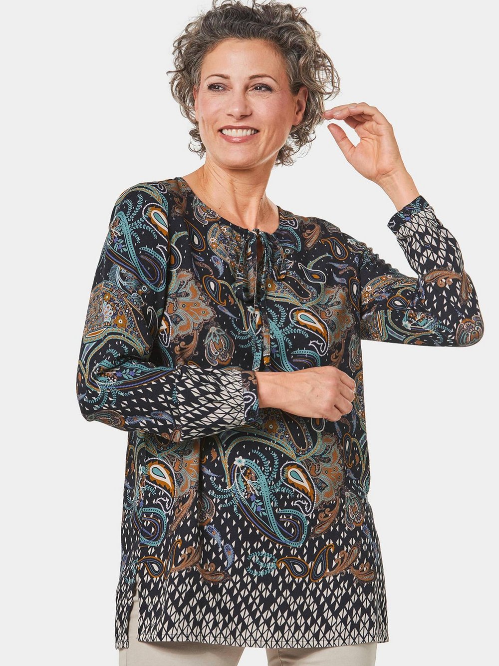 Goldner Longbluse Damen Viskose blau bedruckt, 38