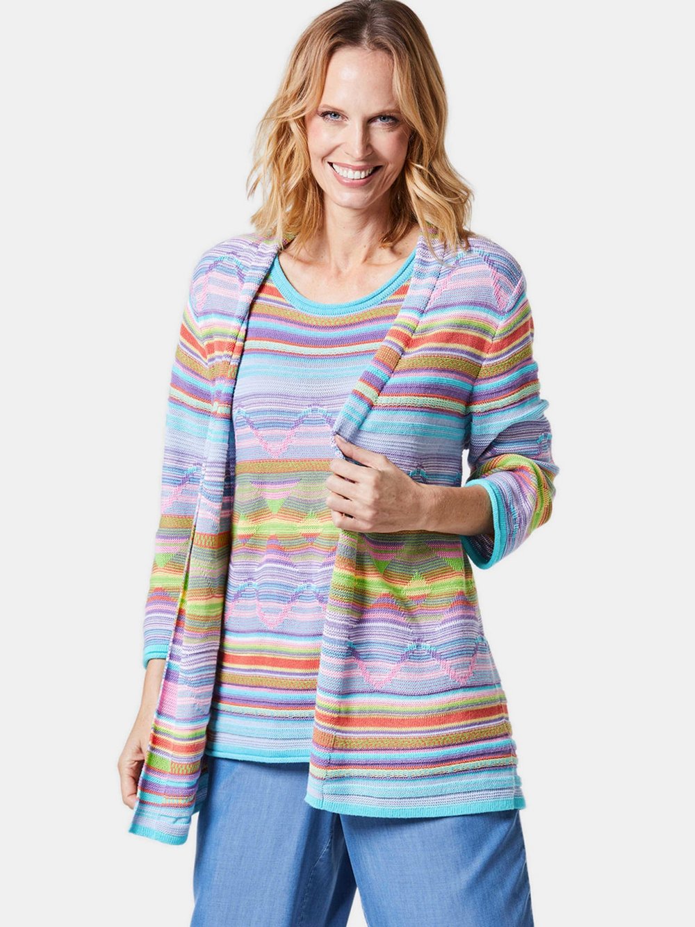 Goldner Kurzgröße: Abstrakt gemusterte Jaquardstrickjacke Damen Baumwolle blau gemustert, 21