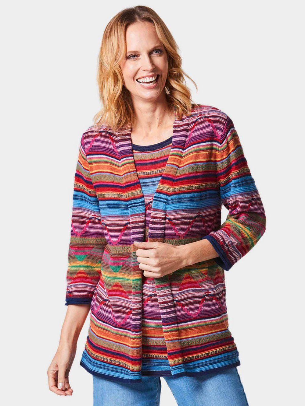 Thumbnail - Goldner Strickjacke Damen Baumwolle mehrfarbig gemustert, 48