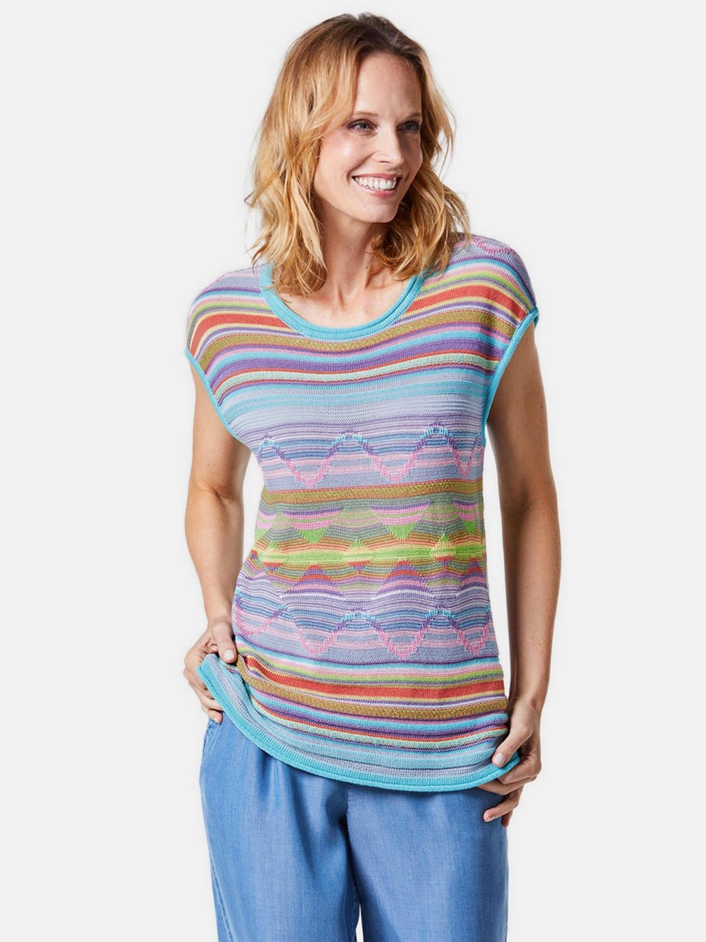 Goldner Stricktop Damen Baumwolle blau gemustert, 54