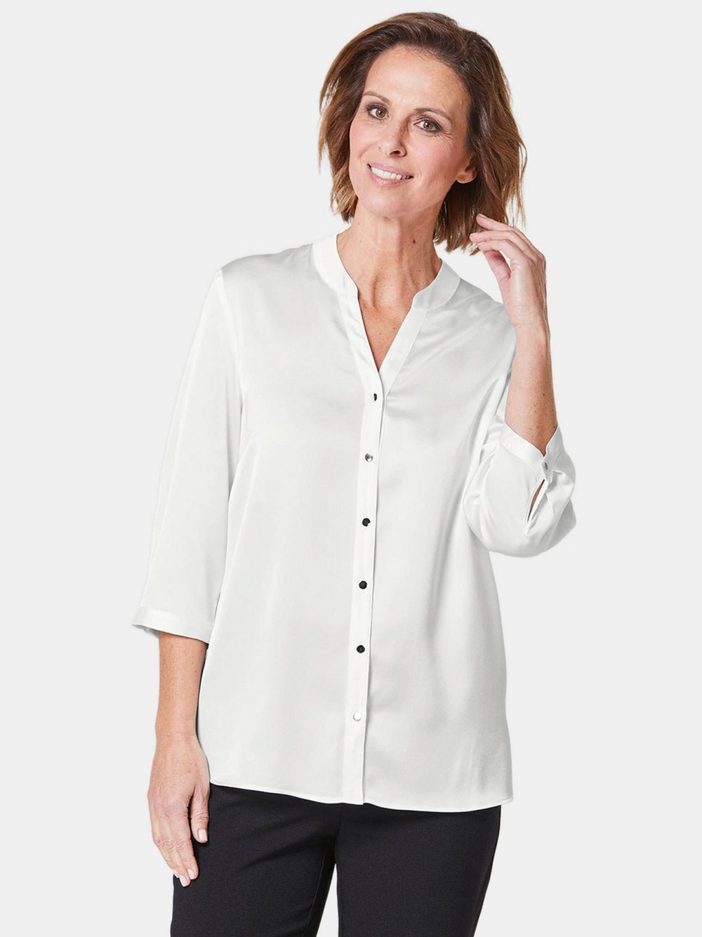 Thumbnail - Goldner Stehkragenbluse Damen weiß, 54