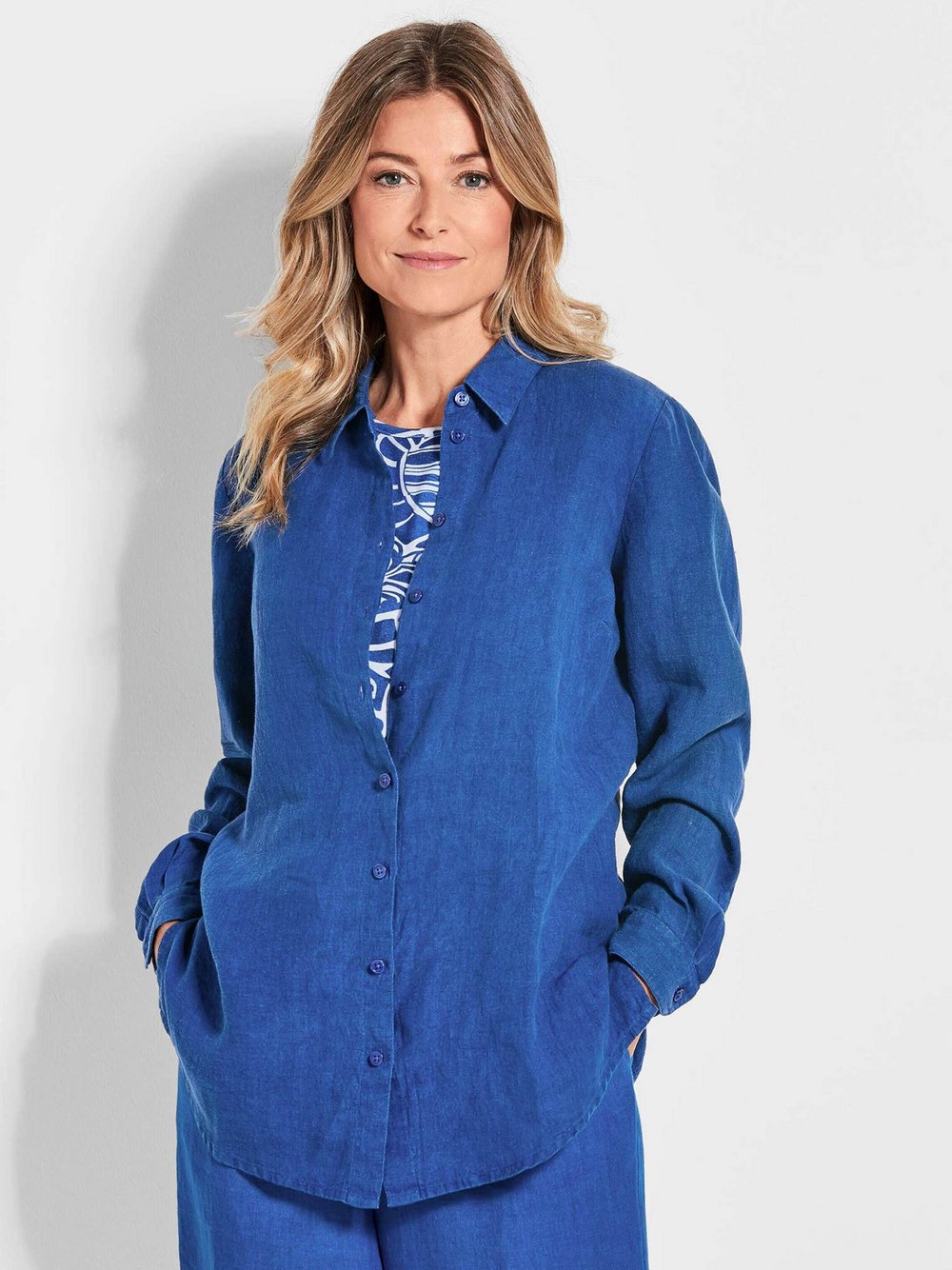 Thumbnail - Goldner Leinenbluse Damen blau, 40