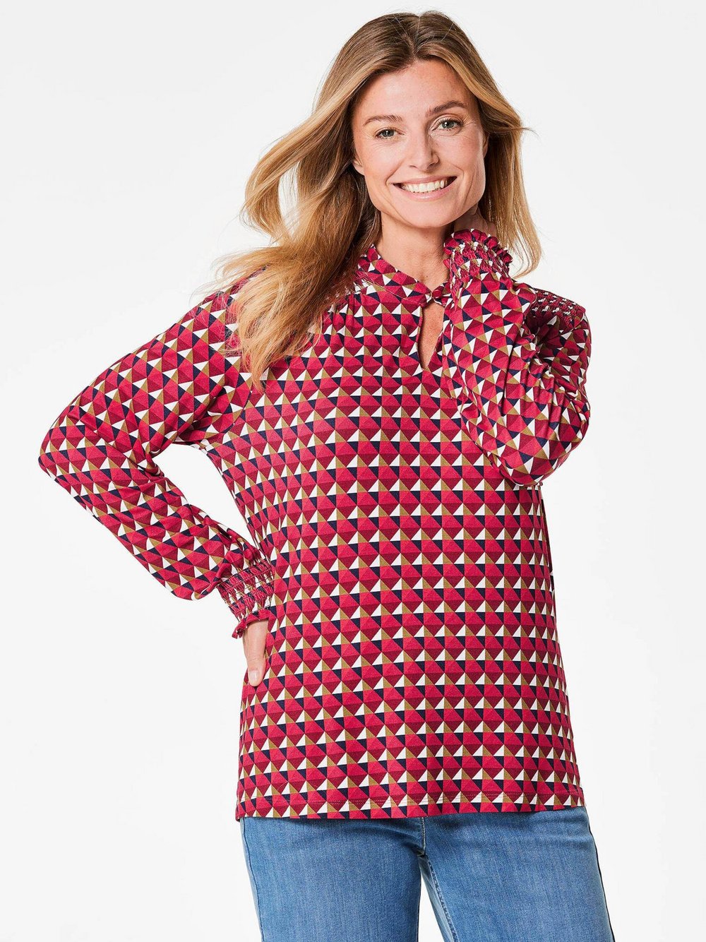Goldner Jerseybluse Damen Viskose rot bedruckt, 38