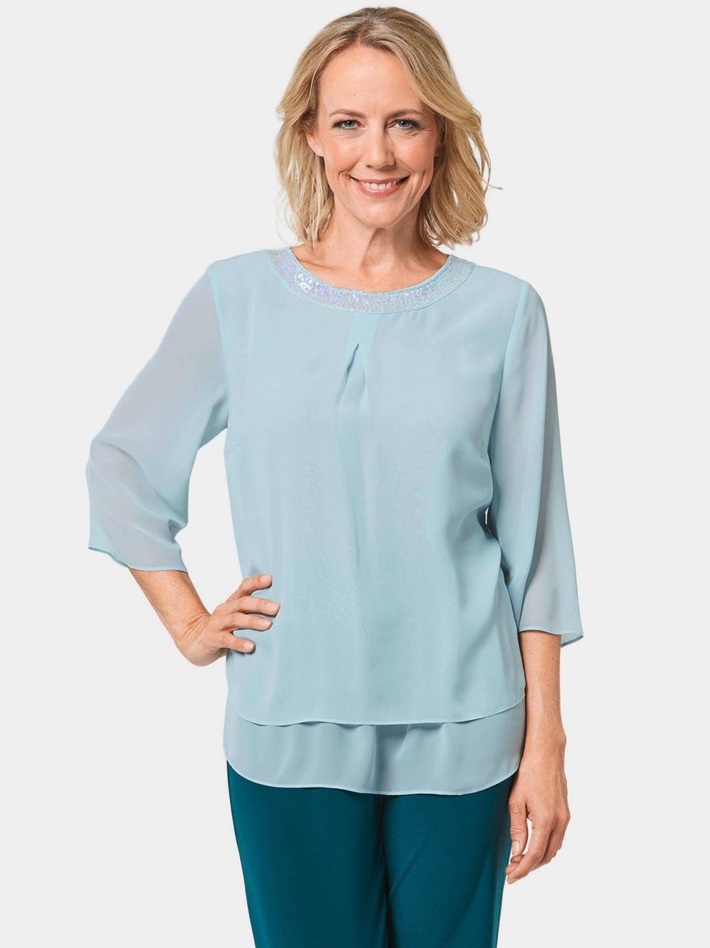 Thumbnail - Goldner Schlupfbluse Damen blau, 44
